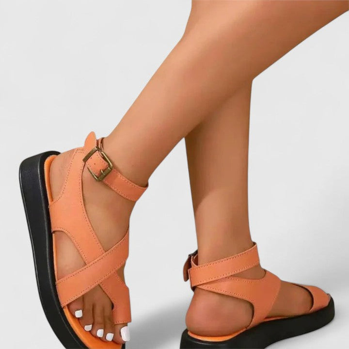 Women's Orthopedic Crossover-Strap Ankle-Buckle Flat Sandals - Red-Orange