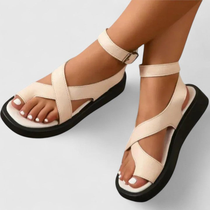 Women's Orthopedic Crossover-Strap Ankle-Buckle Flat Sandals - Apricot