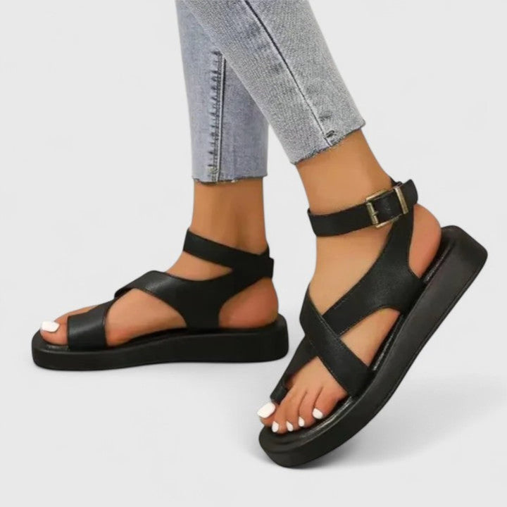 Women's Orthopedic Crossover-Strap Ankle-Buckle Flat Sandals - Black