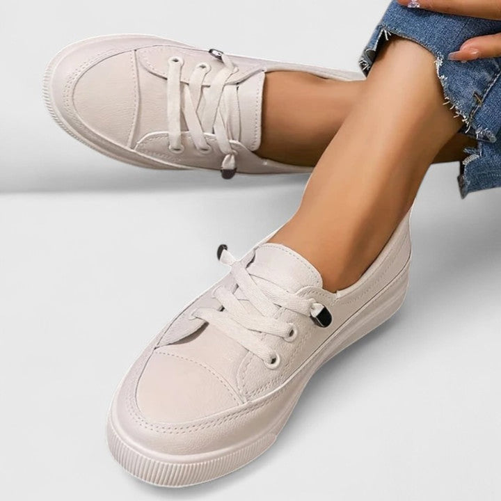 Women's Orthopedic Cushioned Lace-Up Platform Sneakers - Beige