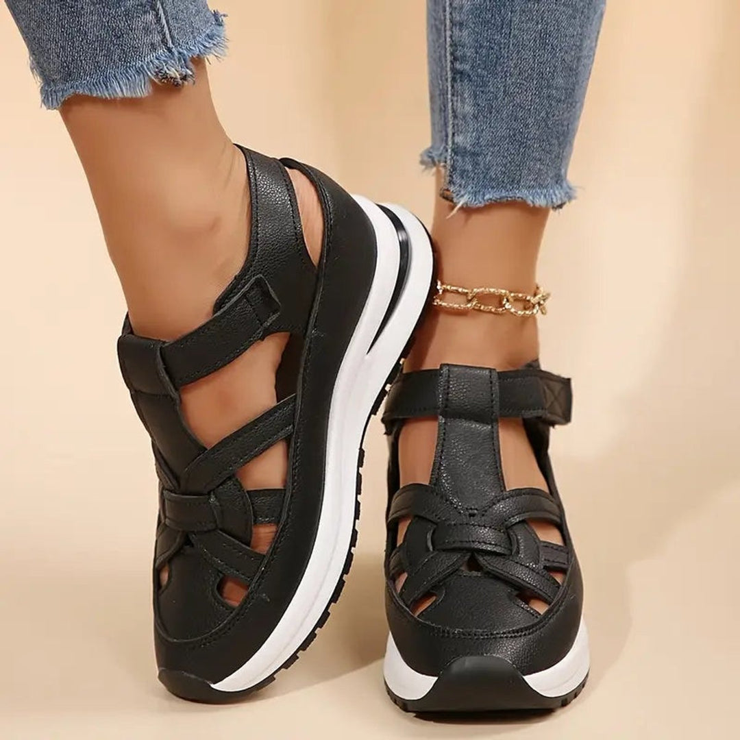 Women's Orthopedic Cutout Platform Hook-and-Loop Sandals - Black
