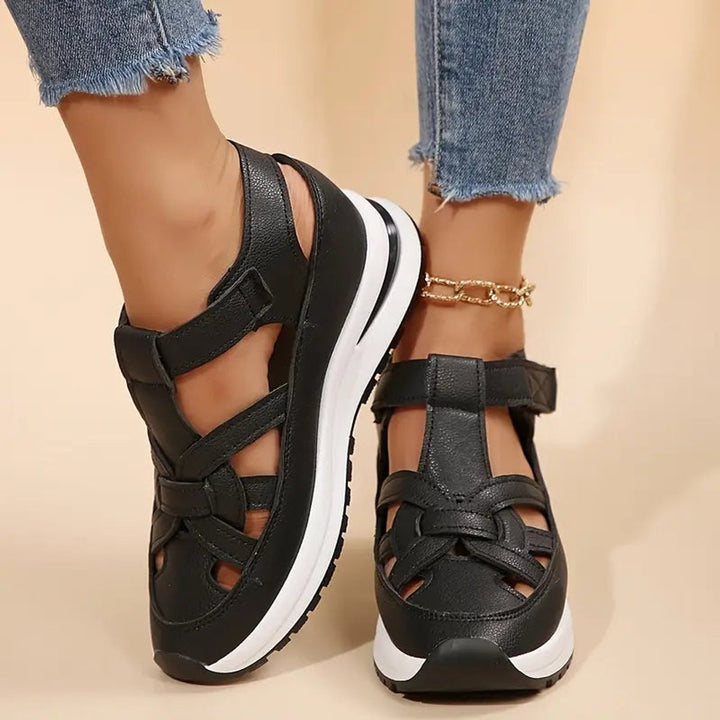Women's Orthopedic Cutout Platform Hook-and-Loop Sandals - Black