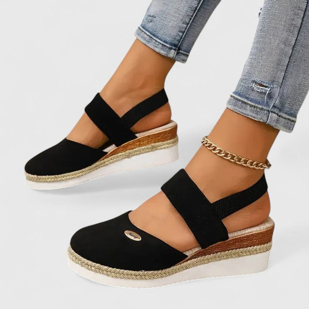 Women's Orthopedic Elastic-Strap Espadrille Wedge Sandals - Black