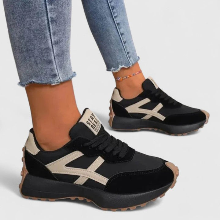 Women's Orthopedic Lace-Up Cushioned Platform Sneakers - Black / Beige
