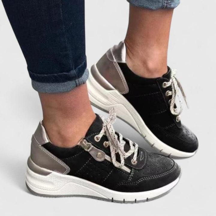 Women's Orthopedic Lace-Up Wedge Sneakers Suede Comfort Shoes - Black