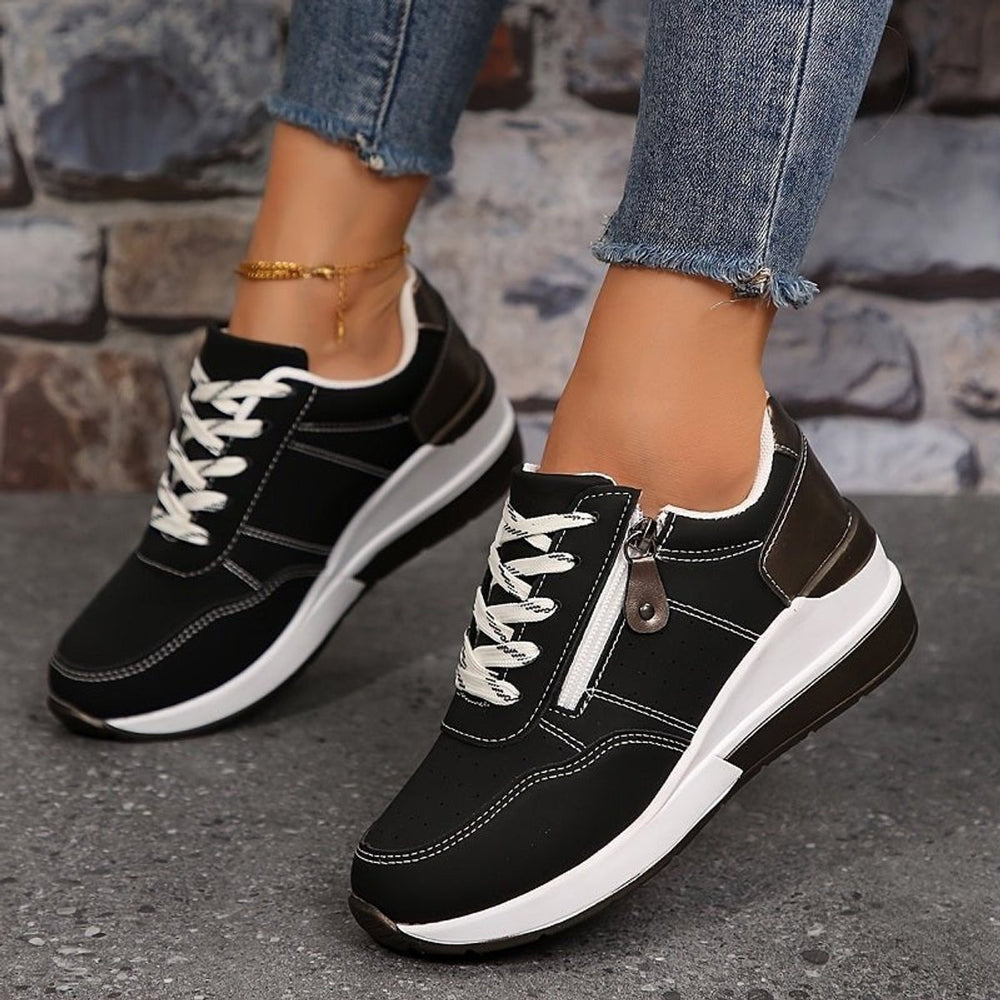 Women's Orthopedic Low-Cut Lace-Up Cushioned Walking Sneakers - Black