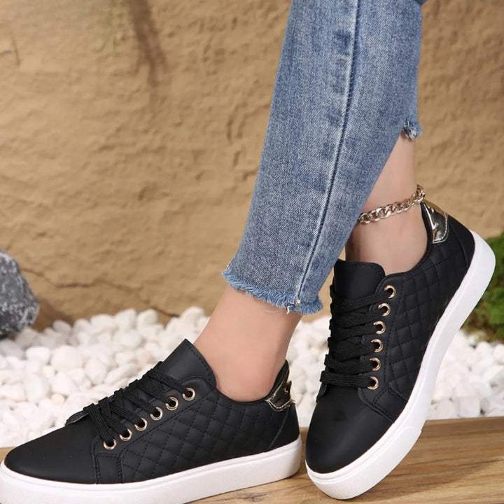 Women's Orthopedic Shoes Quilted Lace-Up Gold-Detail Sneakers - Black