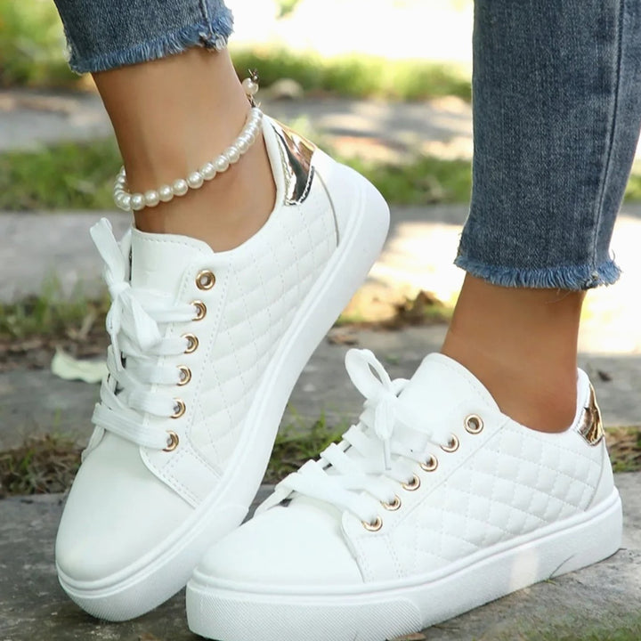 Women's Orthopedic Shoes Quilted Lace-Up Gold-Detail Sneakers - White