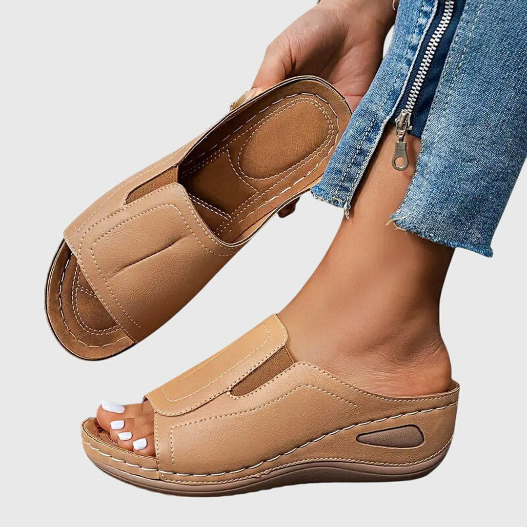 Women's Orthopedic Slip-On Wedge Sandals Open-Toe Slides - Beige
