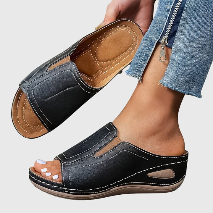 Women's Orthopedic Slip-On Wedge Sandals Open-Toe Slides - Black