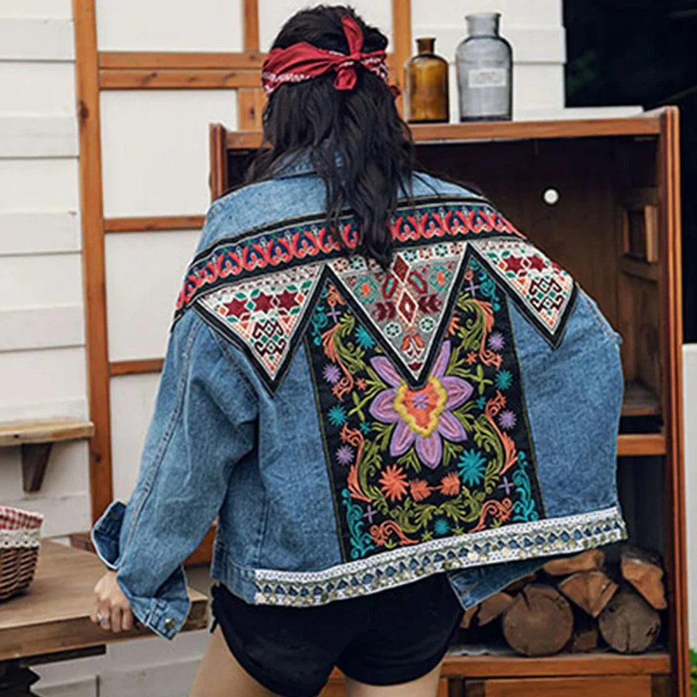 Women's Oversized Boho Embroidered Denim Jacket