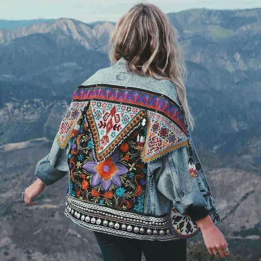 Women's Oversized Boho Embroidered Denim Jacket