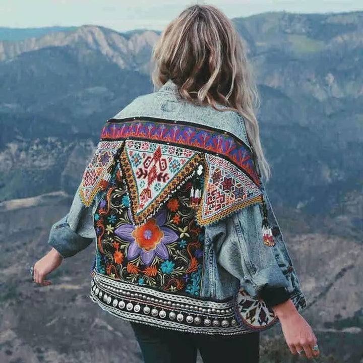 Women's Oversized Boho Embroidered Denim Jacket