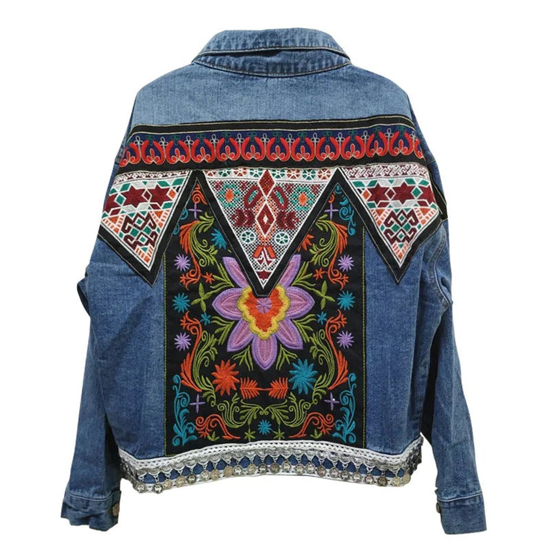 Women's Oversized Boho Embroidered Denim Jacket
