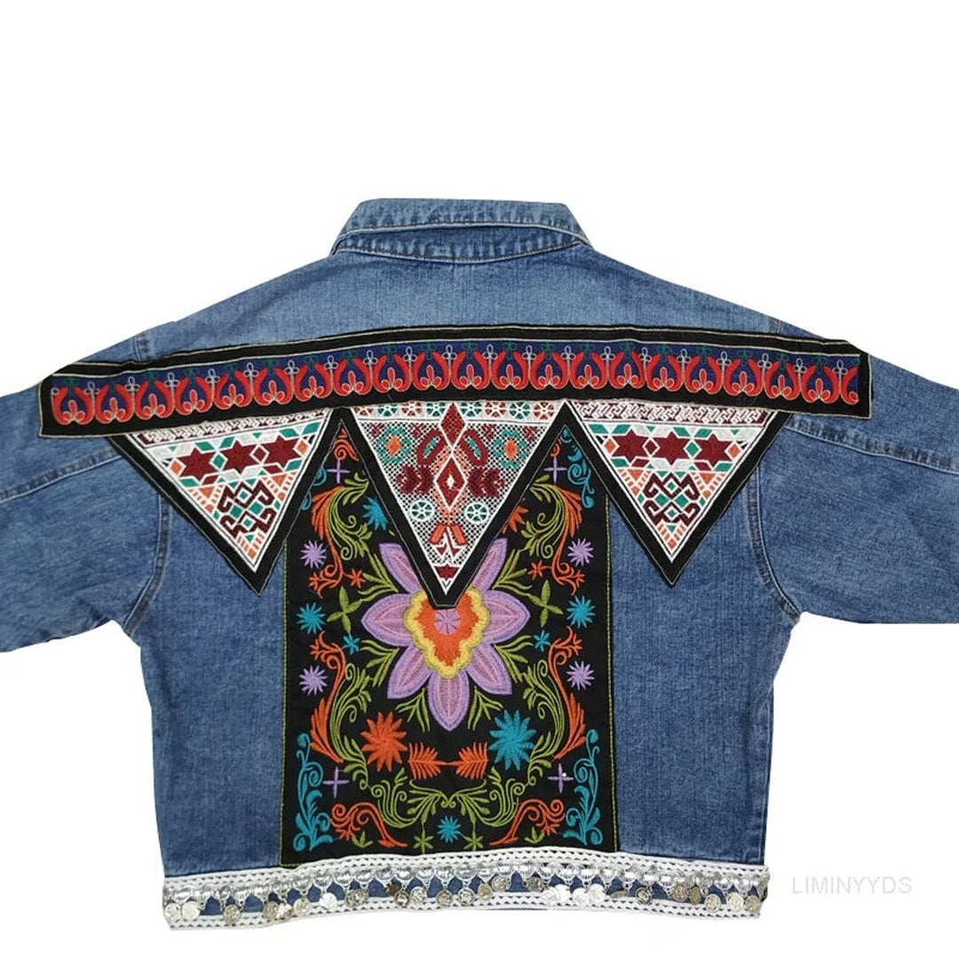 Women's Oversized Boho Embroidered Denim Jacket