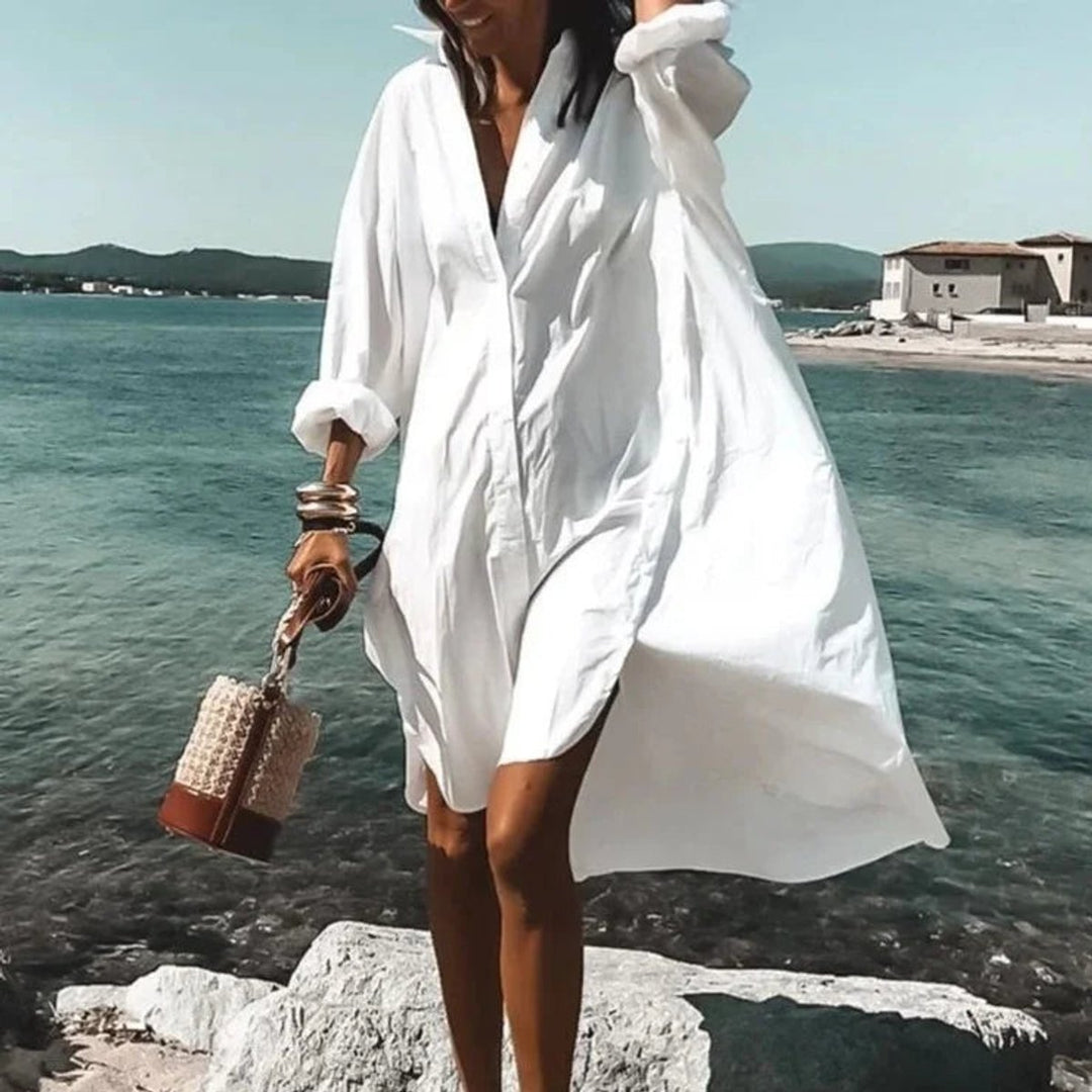 Women's Oversized Button-Down Fall Midi Dress Shirt