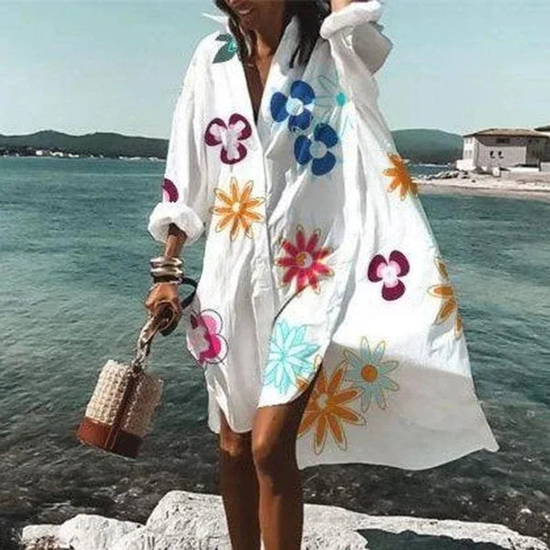 Women's Oversized Button-Down Fall Midi Dress Shirt