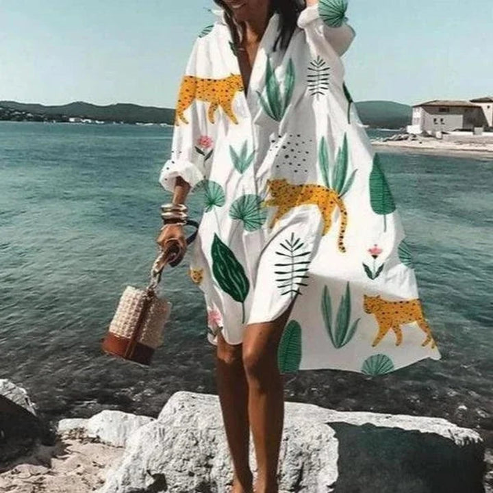 Women's Oversized Button-Down Fall Midi Dress Shirt