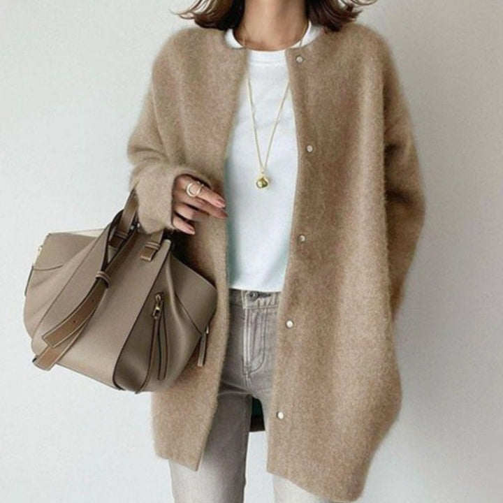Women's Oversized Button-Down Fluffy Knit Winter Cardigan - Khaki