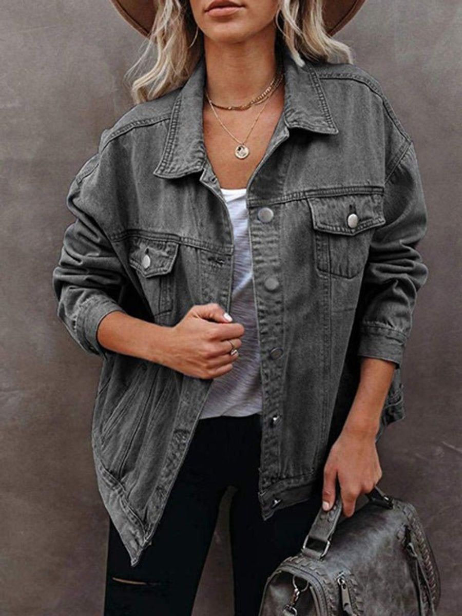 Women's Oversized Button-Up Flap-Pocket Denim Jacket