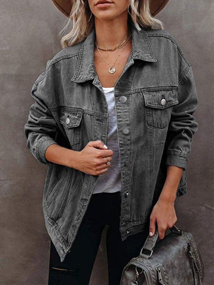 Women's Oversized Button-Up Flap-Pocket Denim Jacket