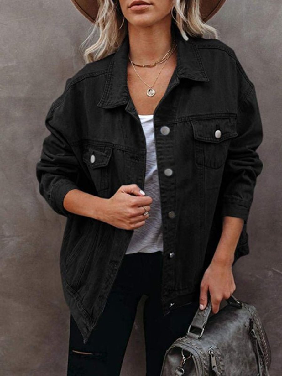 Women's Oversized Button-Up Flap-Pocket Denim Jacket