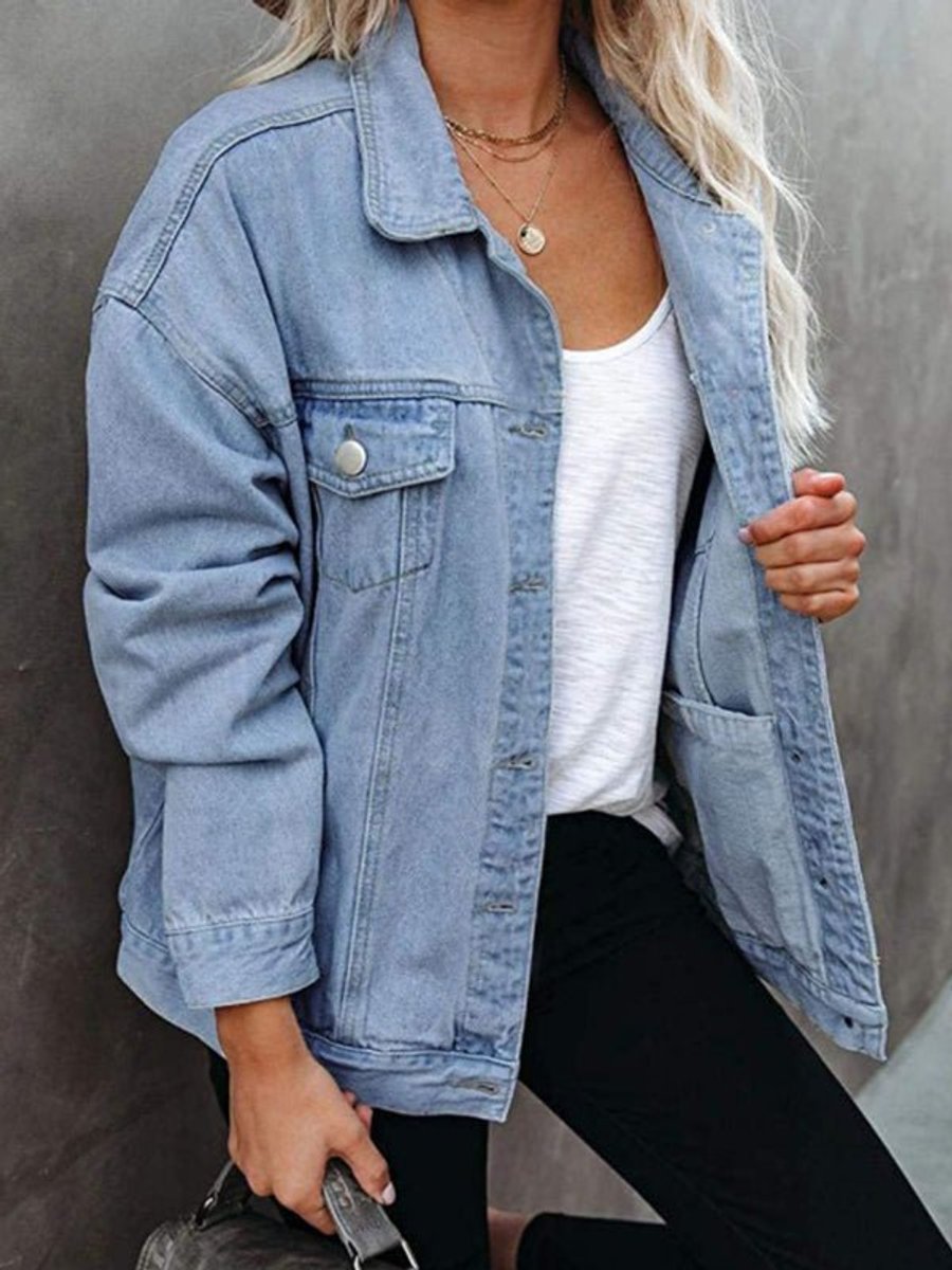 Women's Oversized Button-Up Flap-Pocket Denim Jacket