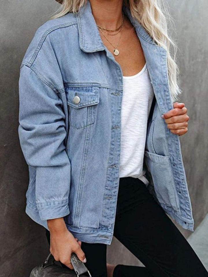 Women's Oversized Button-Up Flap-Pocket Denim Jacket