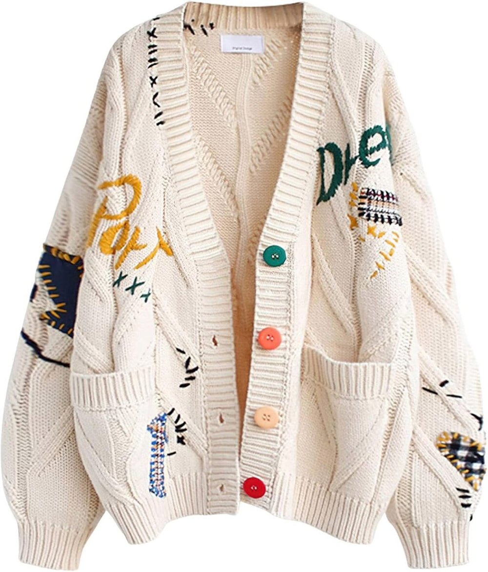 Women's Oversized Cable-Knit Button-Up Letter-Embroidered Cardigan