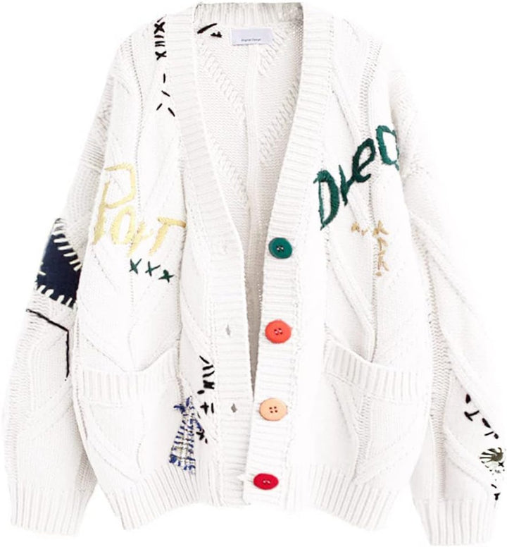 Women's Oversized Cable-Knit Button-Up Letter-Embroidered Cardigan
