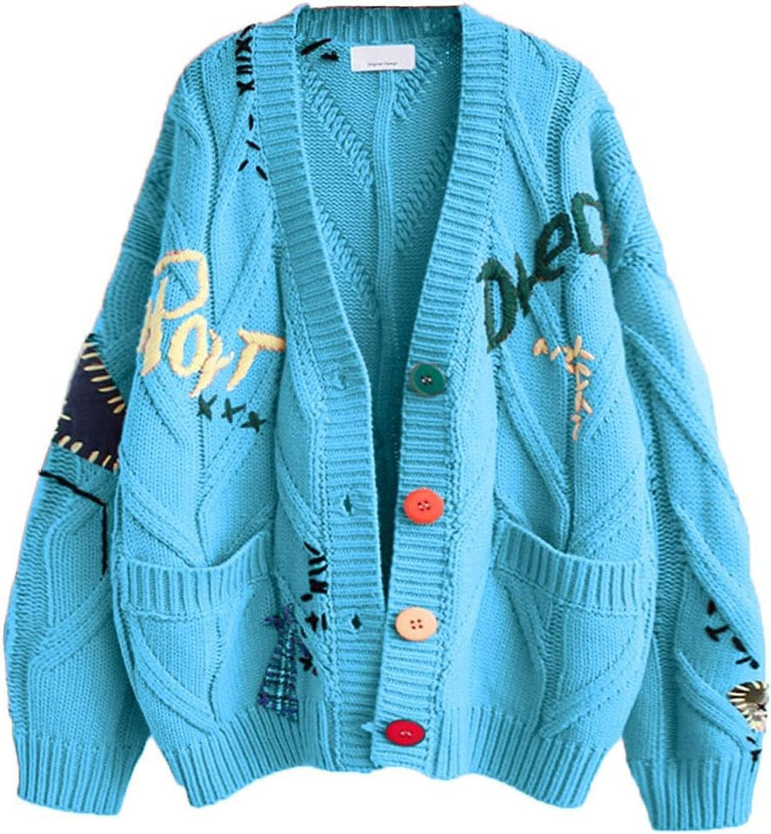 Women's Oversized Cable-Knit Button-Up Letter-Embroidered Cardigan