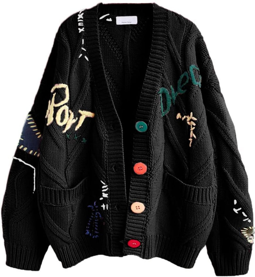 Women's Oversized Cable-Knit Button-Up Letter-Embroidered Cardigan