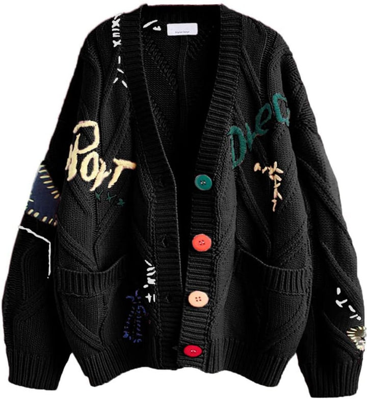 Women's Oversized Cable-Knit Button-Up Letter-Embroidered Cardigan