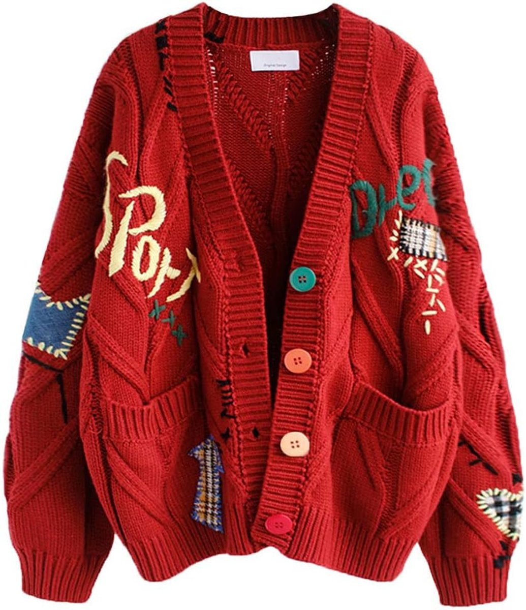 Women's Oversized Cable-Knit Button-Up Letter-Embroidered Cardigan