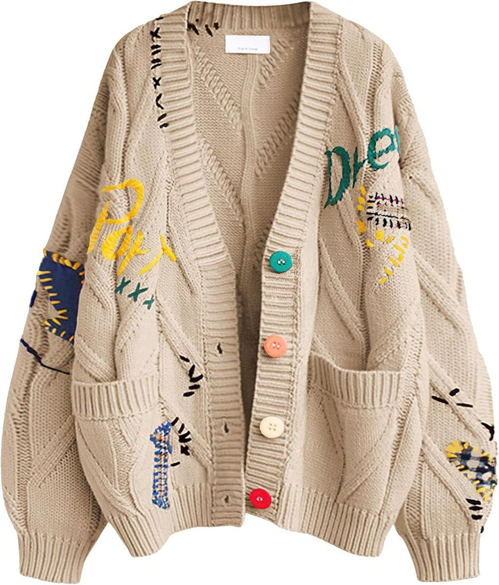Women's Oversized Cable-Knit Button-Up Letter-Embroidered Cardigan