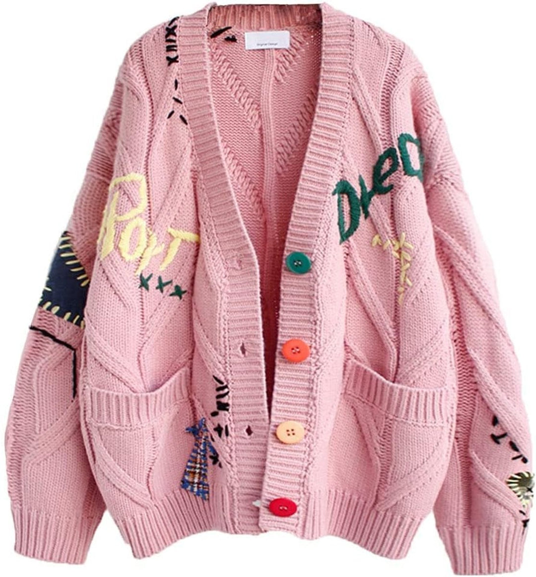 Women's Oversized Cable-Knit Button-Up Letter-Embroidered Cardigan