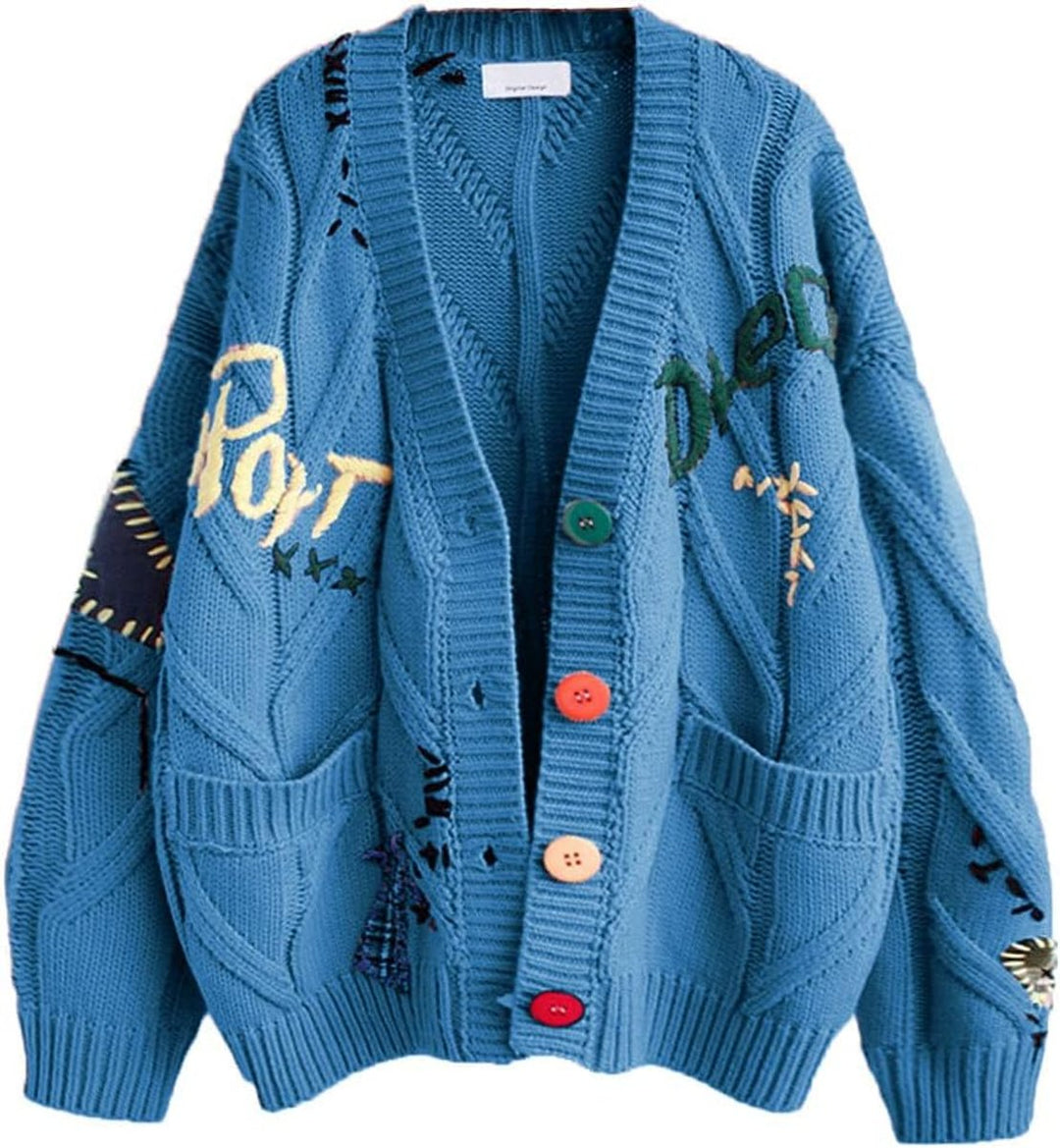 Women's Oversized Cable-Knit Button-Up Letter-Embroidered Cardigan