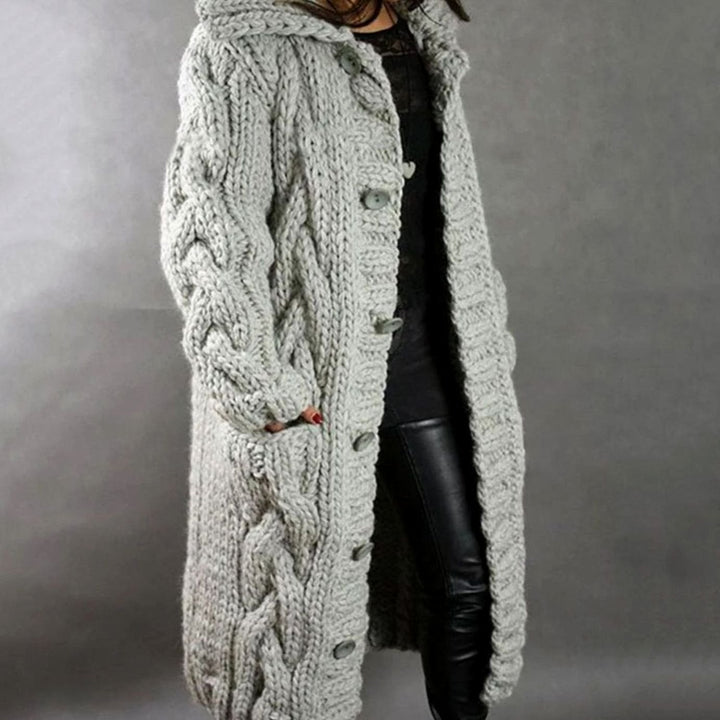 Women's Oversized Cable Knit Hooded Button Cardigan Long Coat - Silver Grey