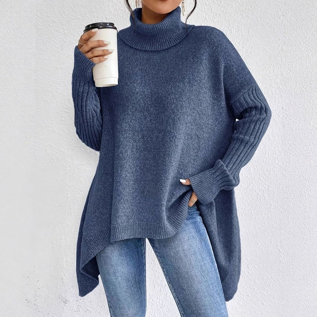 Women's Oversized Cashmere Turtleneck Asymmetric Hem Sweater - Navy