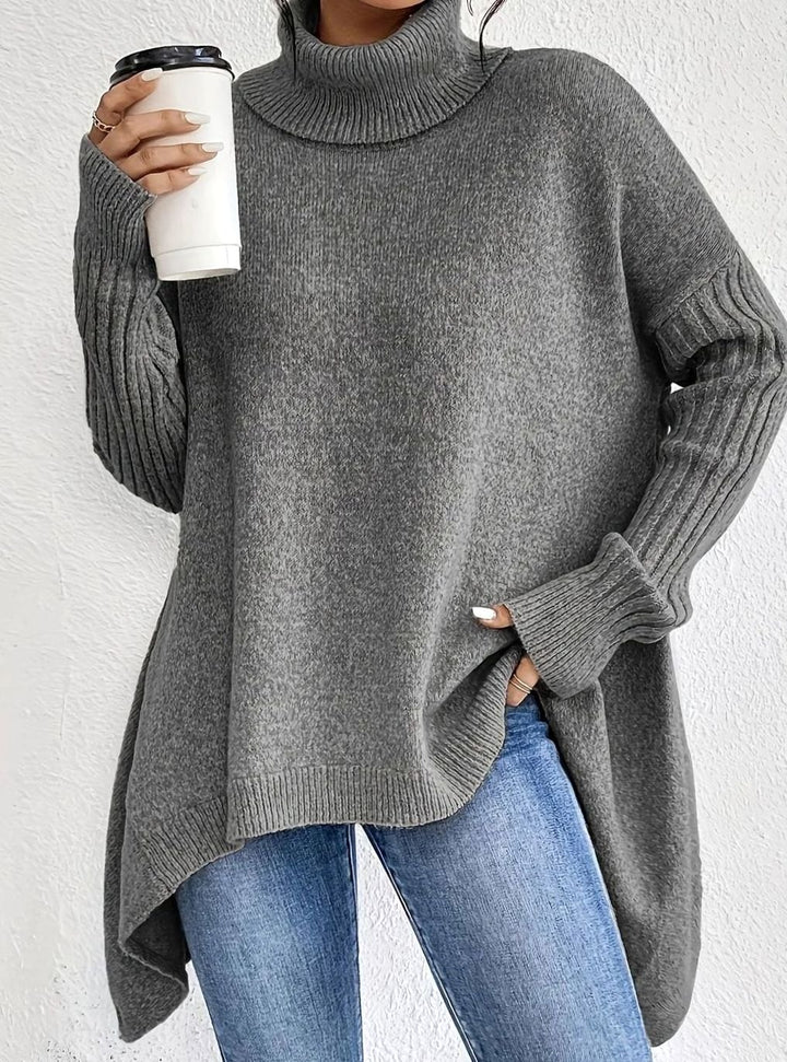 Women's Oversized Cashmere Turtleneck Asymmetric Hem Sweater - Gray