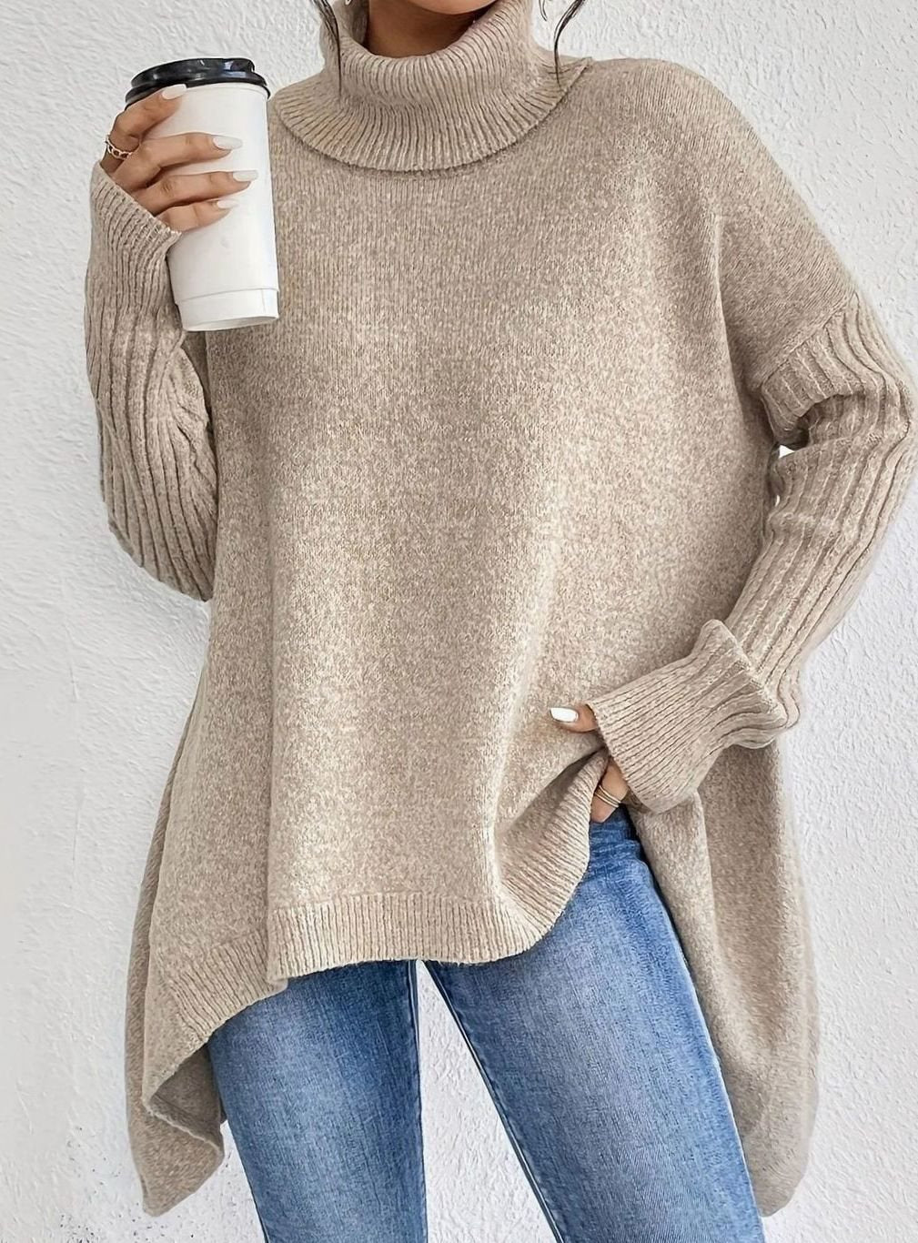 Women's Oversized Cashmere Turtleneck Asymmetric Hem Sweater - Apricot