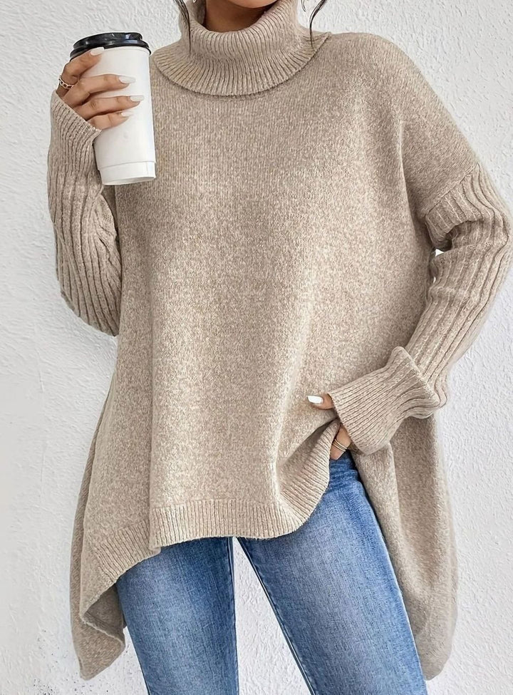 Women's Oversized Cashmere Turtleneck Asymmetric Hem Sweater - Apricot