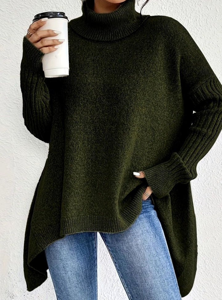 Women's Oversized Cashmere Turtleneck Asymmetric Hem Sweater - Dark Green