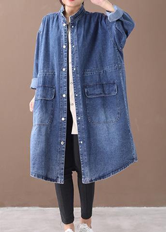 Women's Oversized Denim Longline Snap-Front Trench Coat