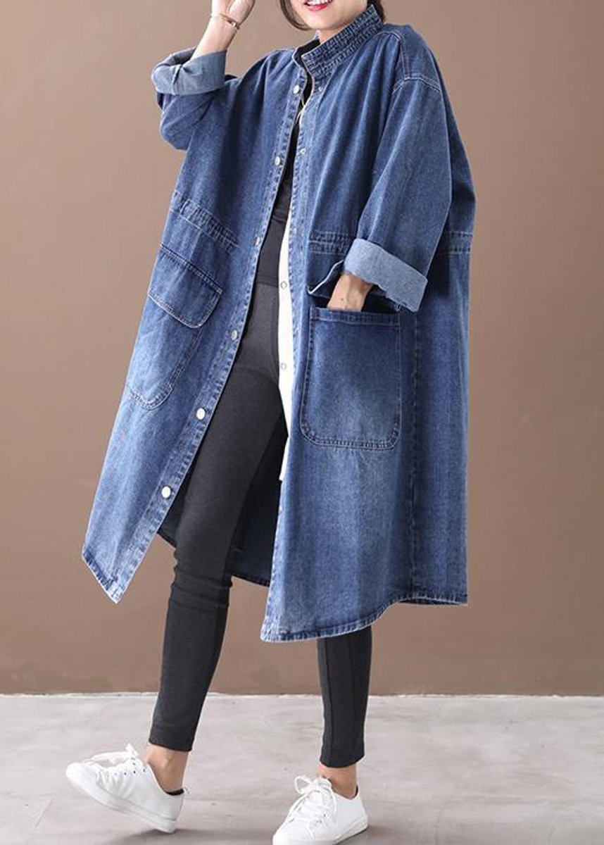Women's Oversized Denim Longline Snap-Front Trench Coat