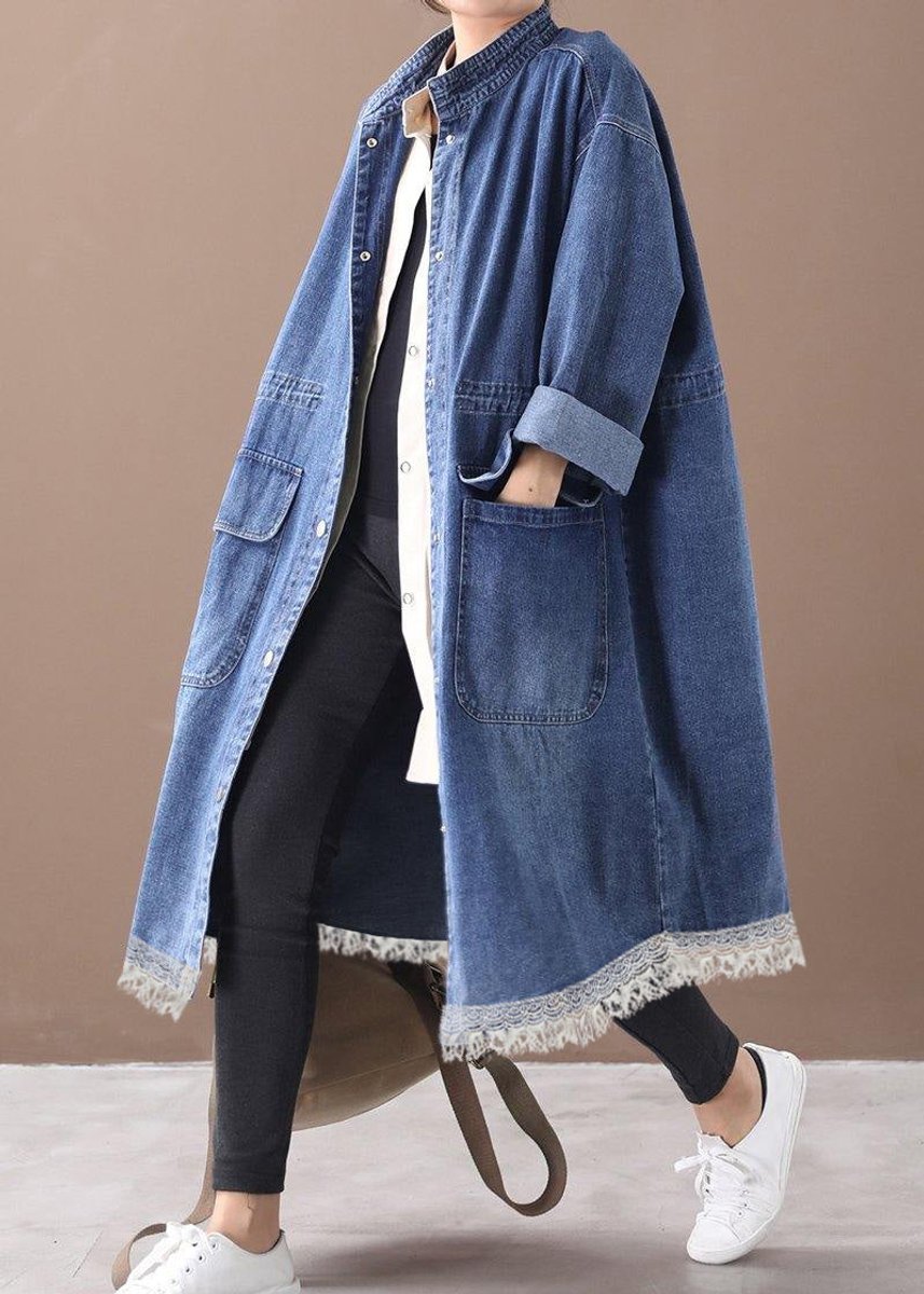 Women's Oversized Denim Longline Snap-Front Trench Coat