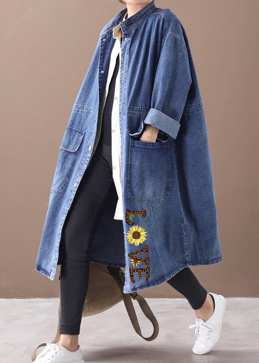 Women's Oversized Denim Longline Snap-Front Trench Coat