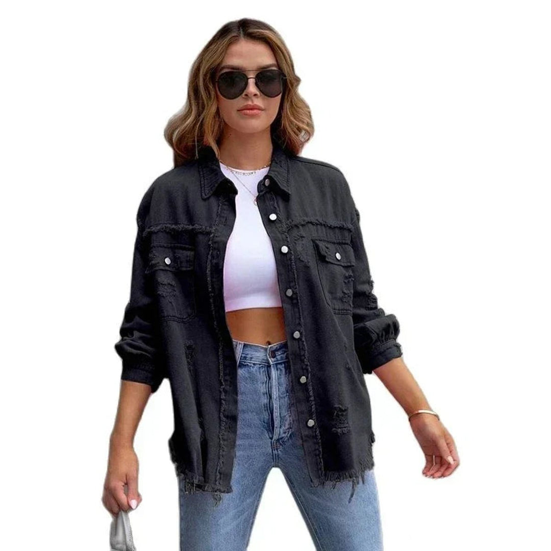 Women's Oversized Distressed Black Denim Jacket Frayed Hem