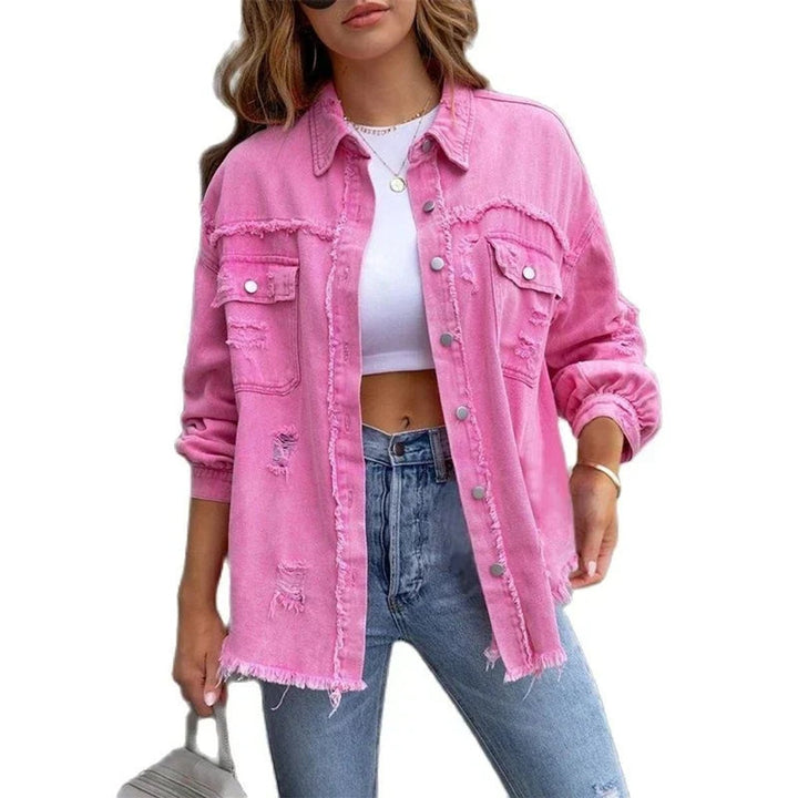 Women's Oversized Distressed Black Denim Jacket Frayed Hem