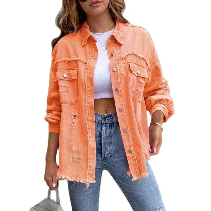 Women's Oversized Distressed Black Denim Jacket Frayed Hem
